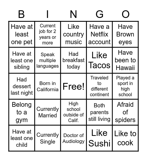 Getting To Know You Bingo Card