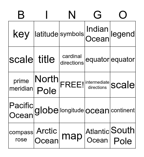 Maps & Globes Bingo Card