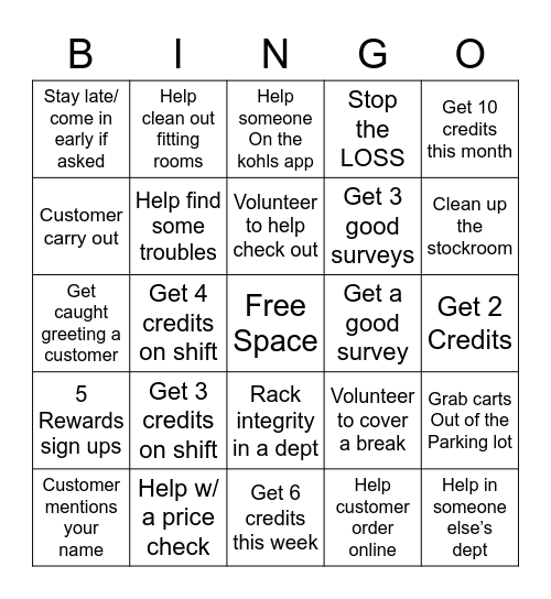 Kohl’s Hospitality Bingo Card