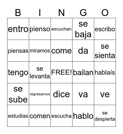 Verbos irregulares & regulares Bingo Card