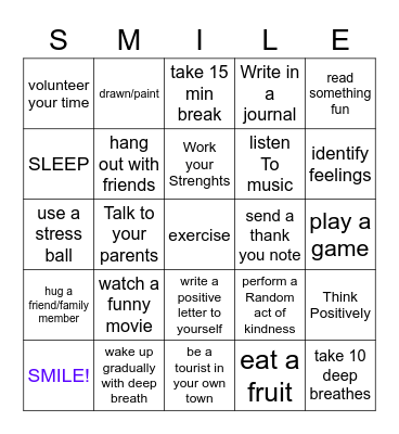 Mental Health Bingo Card