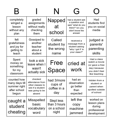 Never have I ever Teachers Edition Bingo Card