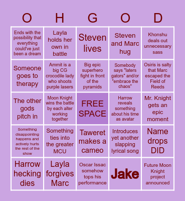 Moon Knight Episode 6 Bingo Card