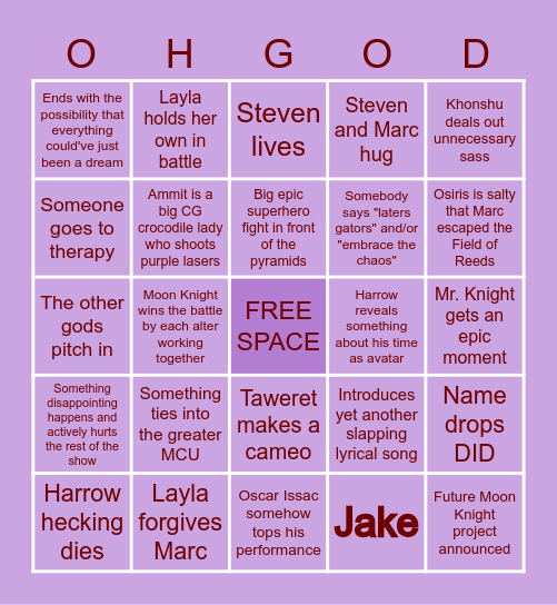 Moon Knight Episode 6 Bingo Card