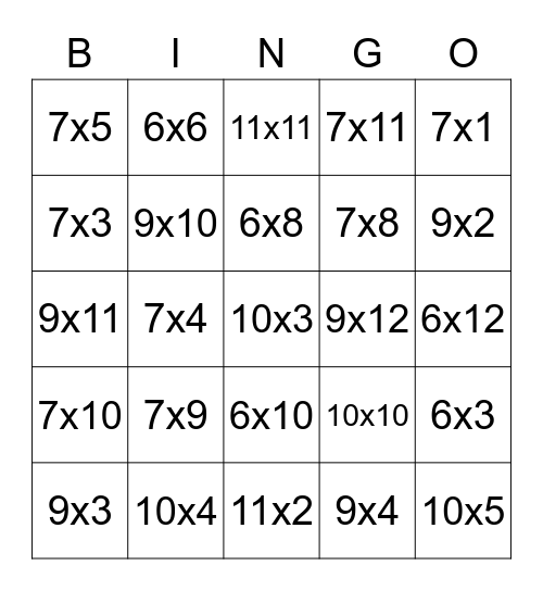 Multiplication Bingo Card