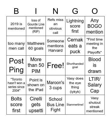 Lightning Vs. Leafs Playoff Bingo Card