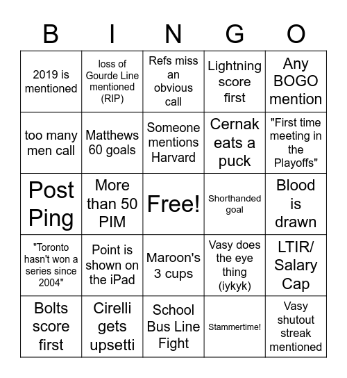 Lightning Vs. Leafs Playoff Bingo Card