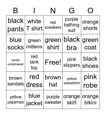 clothes and colors Bingo Card