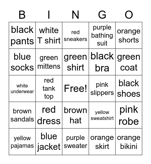 clothes and colors Bingo Card