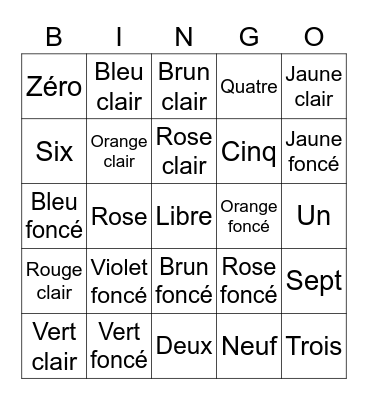French Colors and Numbers Bingo Card