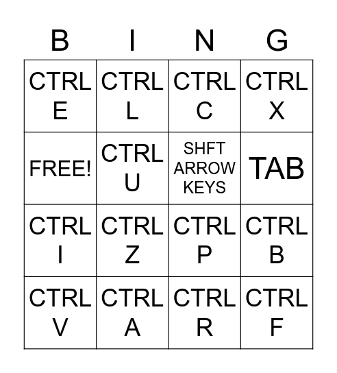Keyboard Shortcuts Bingo Card