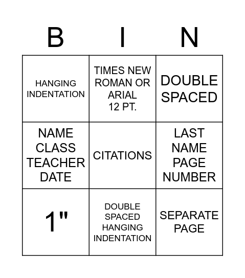 MLA Bingo Card