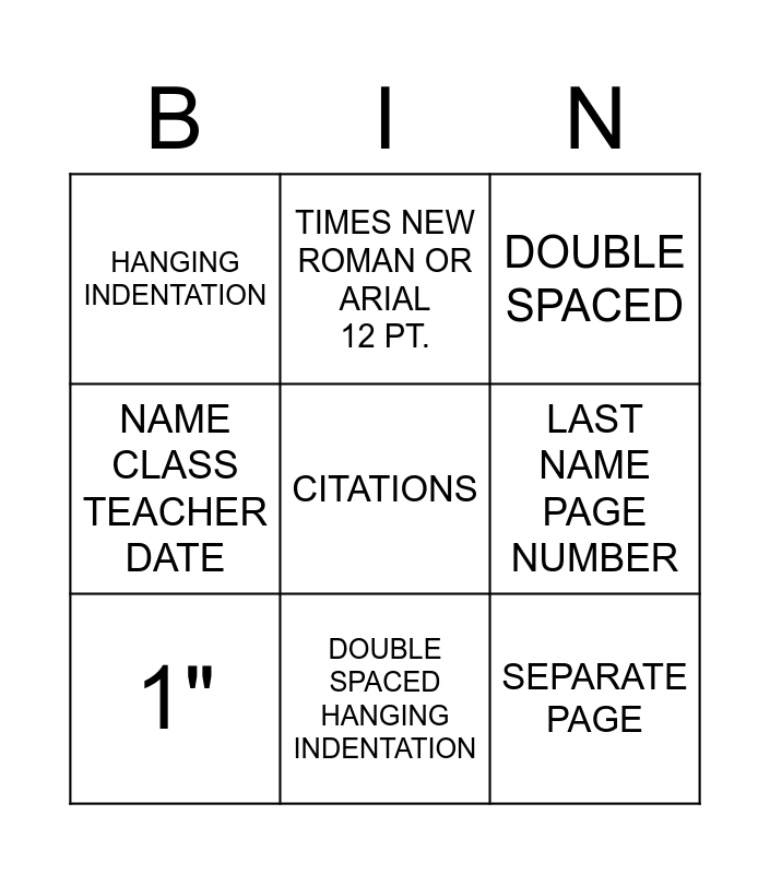 MLA Bingo Card