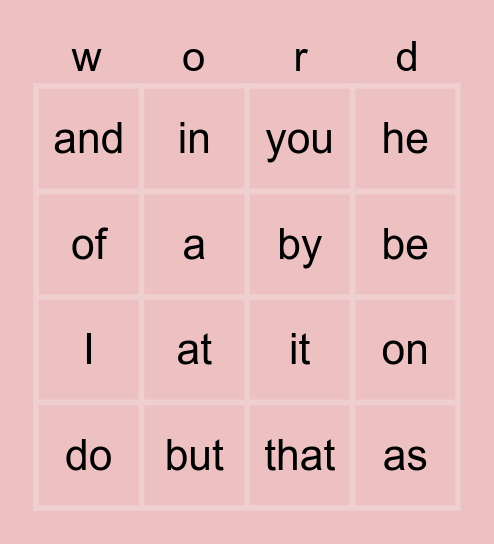 25 Common Words Bingo Card