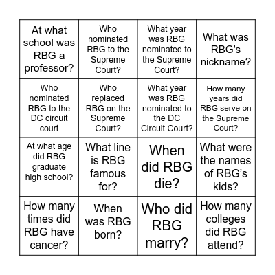 Ruth Bader Ginsburg Bingo Card