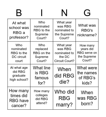 Ruth Bader Ginsburg Bingo Card