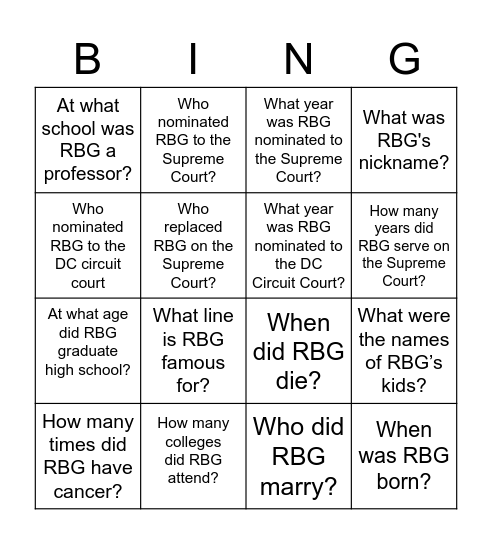 Ruth Bader Ginsburg Bingo Card