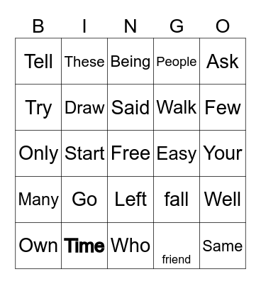2nd grade Bingo Card