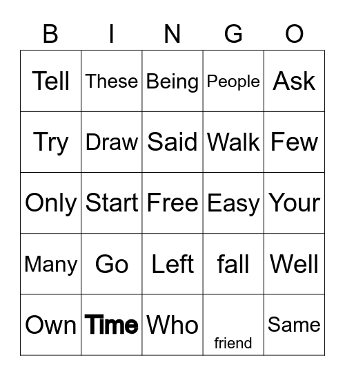 2nd grade Bingo Card