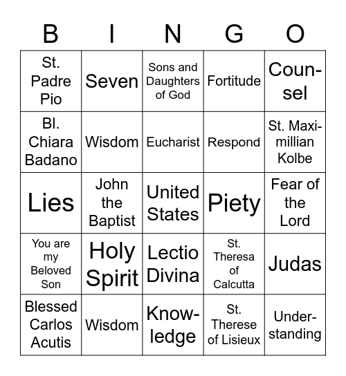 Confirmation Wrap Up Bingo Card