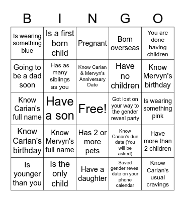 #CARIANMERVYNYE GENDER REVEAL Bingo Card