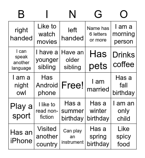 Get to Know You Bingo Card