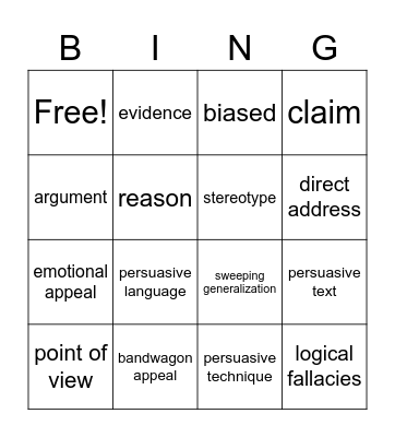 Persuasive Text Unit 3 Bingo Card