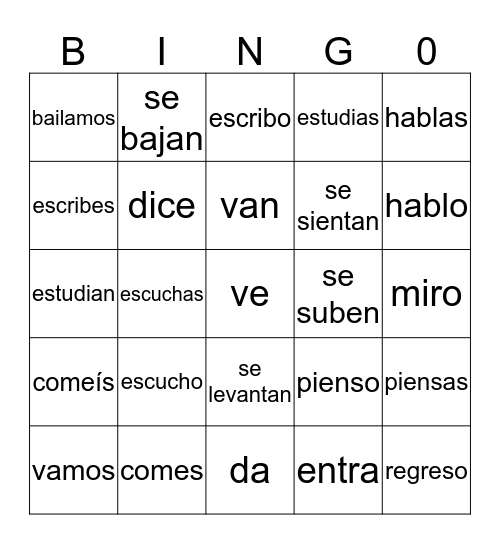 Verbos irregulares & regulares Bingo Card