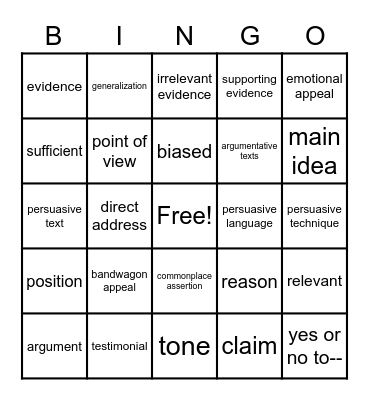 Argumentative Texts - academic vocab. Bingo Card