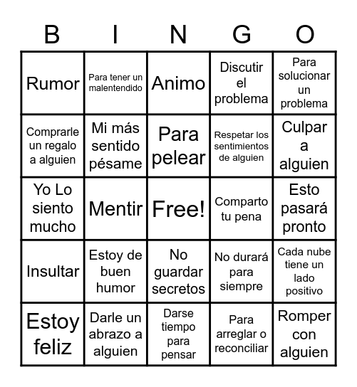 PROYECTO FINAL ESPANOL 3 Bingo Card