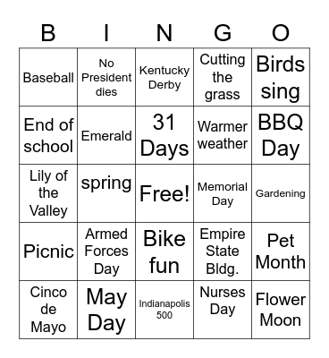 Month of MAY Bingo Card