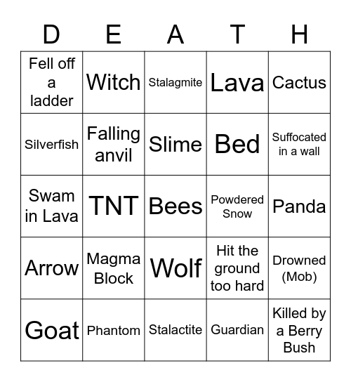 Minecraft Death Bingo #1 Bingo Card