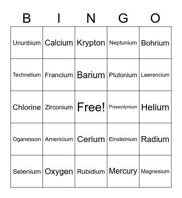 Periodic Table - Elements Bingo Card