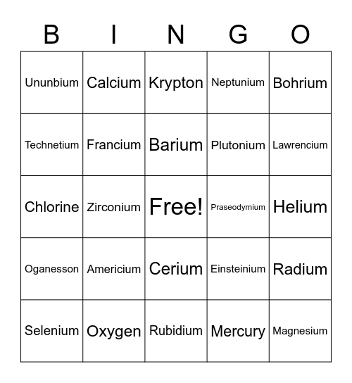 Periodic Table - Elements Bingo Card