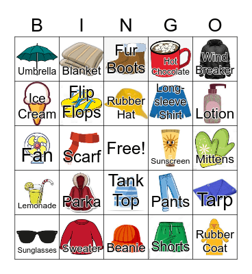 Weather and Items Bingo Card