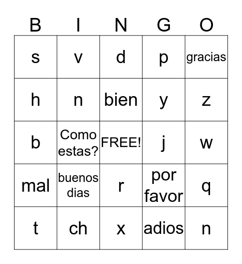Spanish Bingo Card