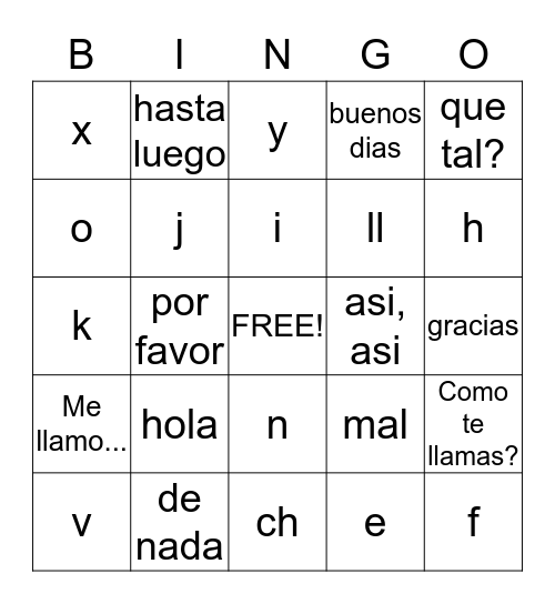 Spanish Bingo Card
