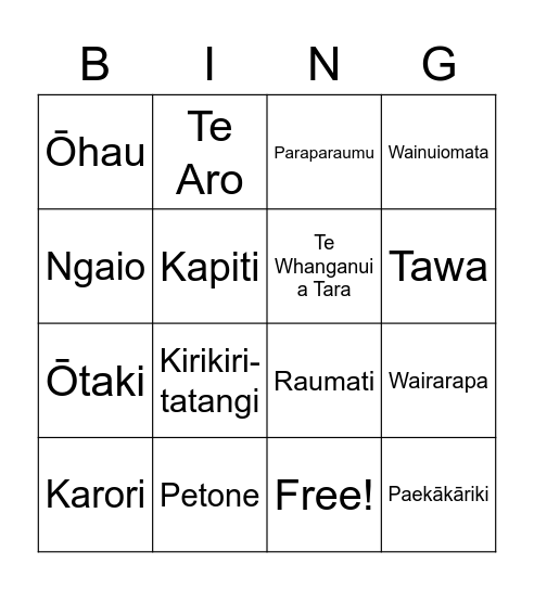 Te Whanganui a Tara Bingo Card