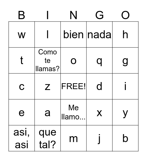 Spanish Bingo Card