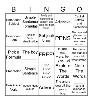 Simple Sentence Review Bingo Card
