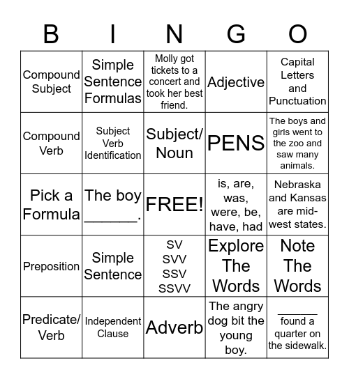 Simple Sentence Review Bingo Card