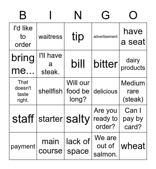 At the restaurant Bingo Card