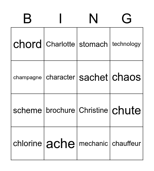 /K/ and /Sh/ phoneme with 'ch' grapheme Bingo Card