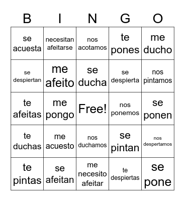 Reflexive verbs bingo Card