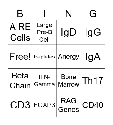 B/T Cell Bingo Card