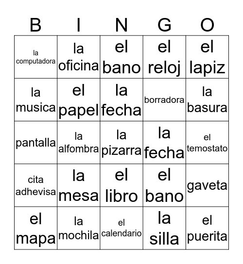 Eric's Espanol Bingo Card