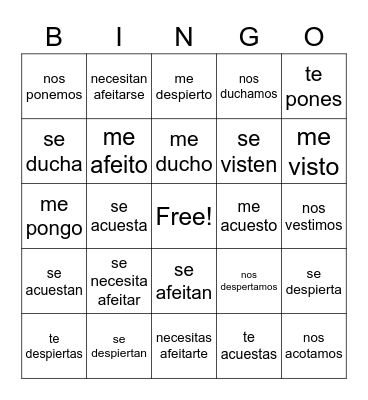 Reflexive verbs bingo Card