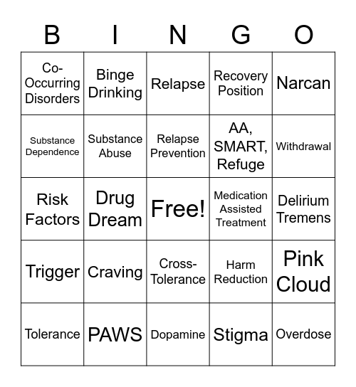 Substance Use Bingo Card