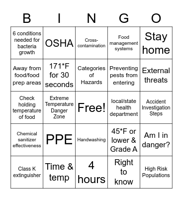 Safe Operations Bingo Card