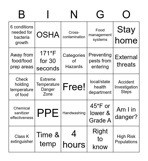 Safe Operations Bingo Card